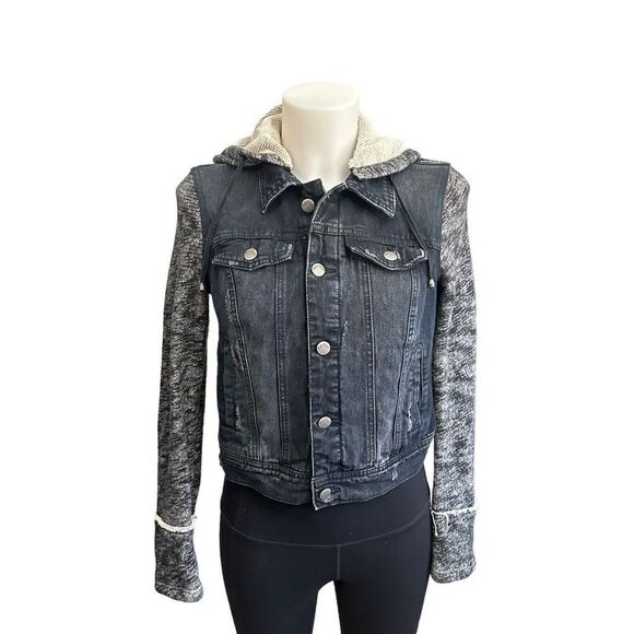 Free People Denim Jean Jacket Hooded Knit Sleeves Distressed Boho Black PumiceXS - Picture 1 of 8